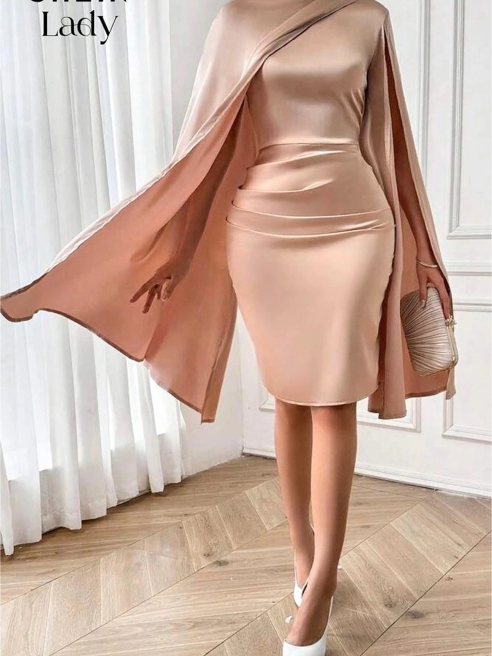 SHEIN Lady Asymmetrical Cape Sleeve Satin Dress Midi Dress Pink XS